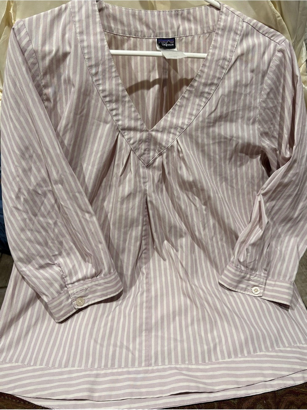 Patagonia Pink and White Striped V-Neck Button Down Tunic blouse size 10
